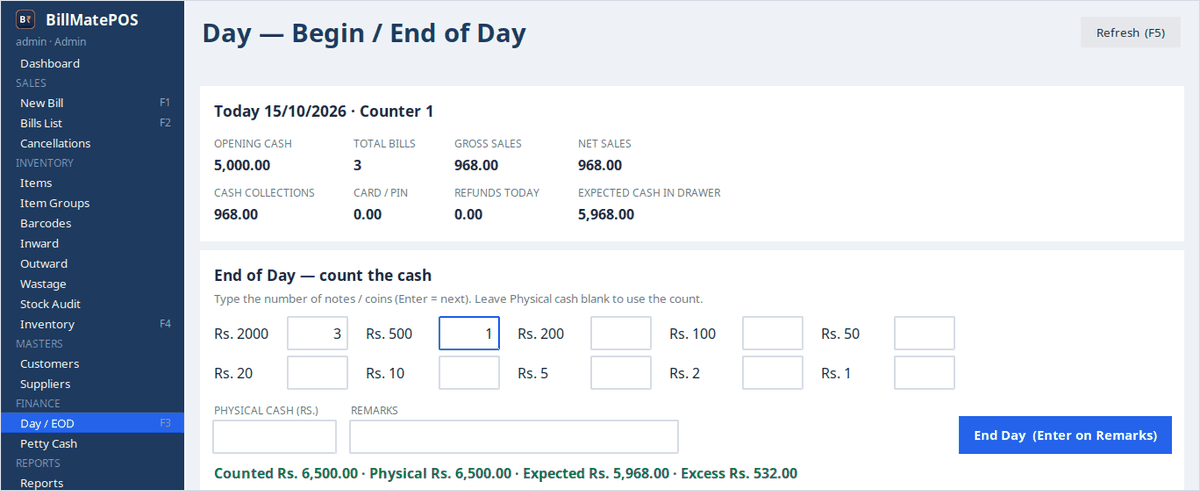 End of day screen with denomination cash count