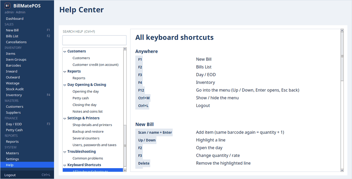 Help Center showing the keyboard shortcuts guide